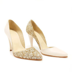 Pantofi de mireasa din glitter auriu cu box ivoire