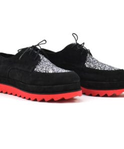 Pantofi cu siret piele intoarsa neagra si glitter argintiu handmade