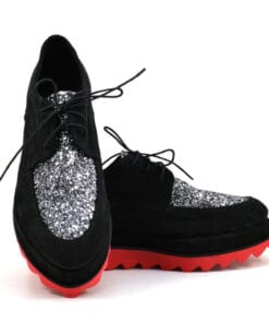 Pantofi cu siret din piele intoarsa neagra cu detaliu glitter argintiu