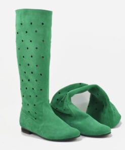 Cizme perforate din piele intoarsa verde