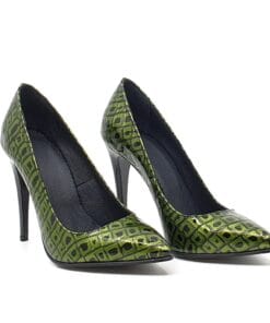 Pantofi stiletto din piele naturala Larra Croco 2, design crocodil negru