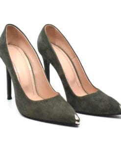 Pantofi stiletto Miryam verde kaki piele intoarsa toc 11cm detaliu auriu elegant varf ascutit premium handmade