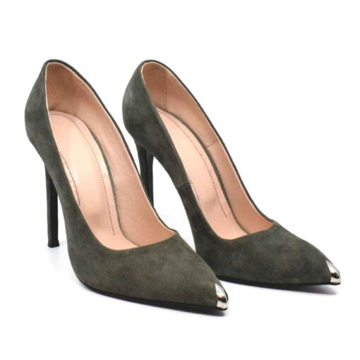 Pantofi stiletto Miryam verde kaki piele intoarsa toc 11cm detaliu auriu elegant varf ascutit premium handmade