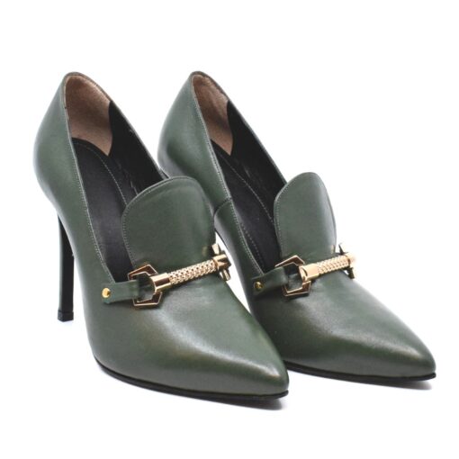 Pantofi eleganti Kelly 2 verde kaki piele naturala toc 10 cm accent auriu office business premium
